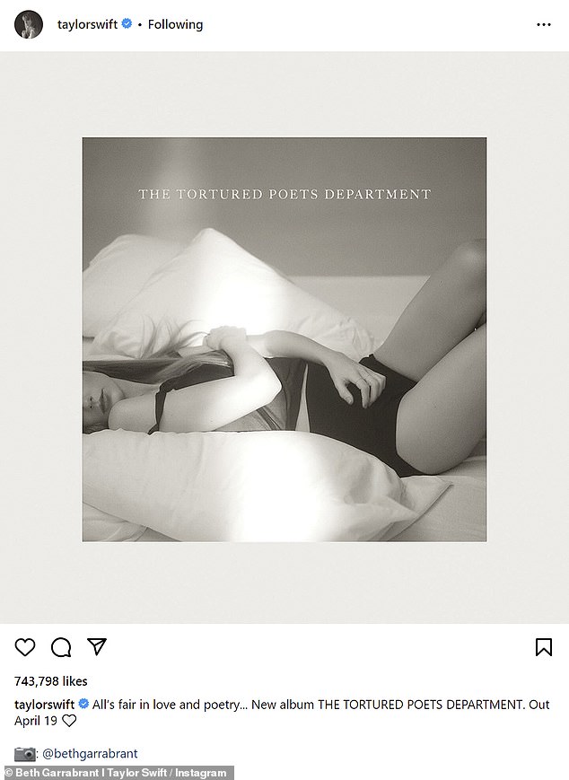 Just after leaving the stage, the album's bold cover art, titled The Tortured Poet's Department, was shared on her Instagram page.