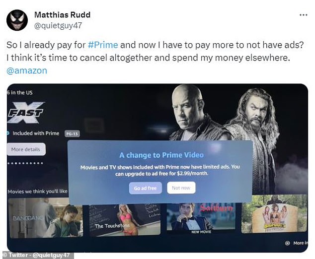 Other Amazon Prime Video subscribers wrote that they would prefer to cancel their subscription entirely, rather than face ads or pay more to remove them.