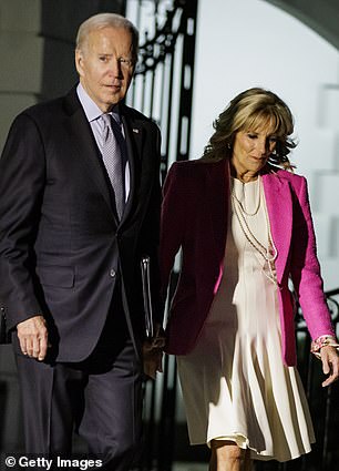 US President Joe Biden and US First Lady Dr. Jill Biden walk toward Marine One on the South Lawn of the White House on November 7, 2022.