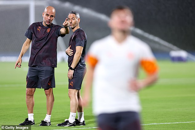 But today, even football purists are just as meticulous about set-pieces (pictured, Pep Guardiola with one of his coaches, Carlos Vicens, who supervises Manchester City's set-piece routines).
