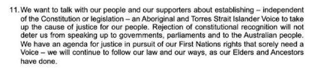 The statement (pictured) said Indigenous leaders would continue to push for a Voice, despite the overall defeat of the referendum.