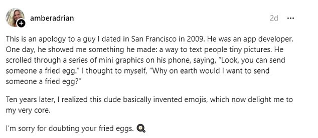In a post on the threads, user Amber Adrian posted an apology to an app developer she dated in 2009 who came up with the idea for emojis, which she laughed at.