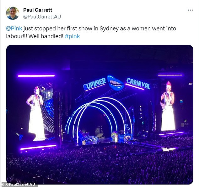 Pink finally kicked off her Australian tour on Friday, but had an eventful first show as she had to briefly stop the concert when a fan went into labour.