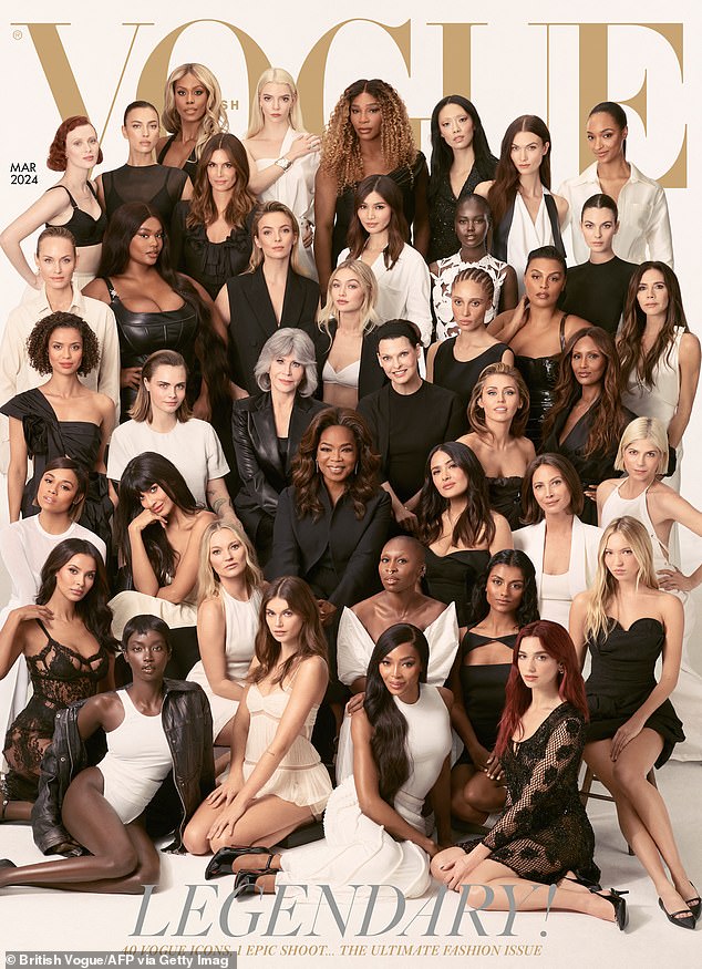 British Vogue March 2024 cover featuring Kate Moss, Oprah Winfrey, Linda Evangelista, Jane Fonda and Victoria Beckham