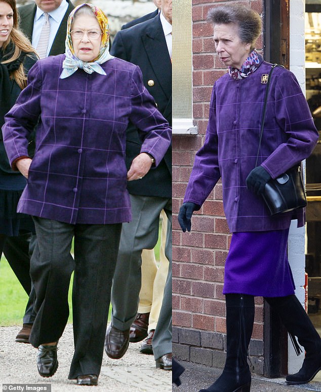 Princess Anne, right, in the late Queen's elegant purple checked coat.