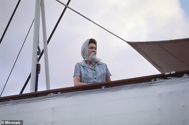 Queen Elizabeth II aboard the Royal Yacht Britannia on her Royal Jubilee Tour of Western Samoa, February 1977