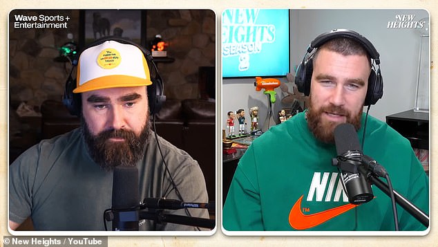 Kelce (left) posted the video on the X account for his and Travis Kelce's 'New Heights' podcast.