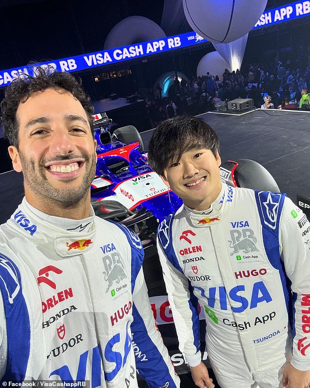 Daniel Ricciardo and fellow Visa Cash App RB driver Yuki Tsunoda at the launch in Las Vegas