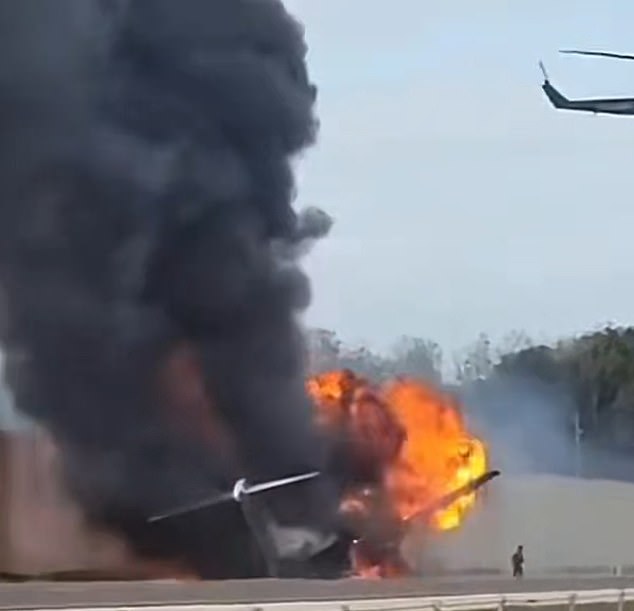Video showed an explosion rocking the burning plane and seconds later its charred left wing fell off.