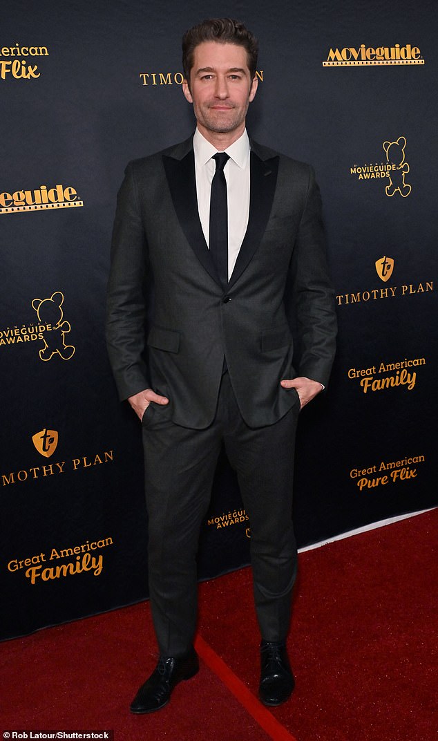 Glee star Matthew Morrison, 45, looked handsome in a black suit, white dress shirt and tie.