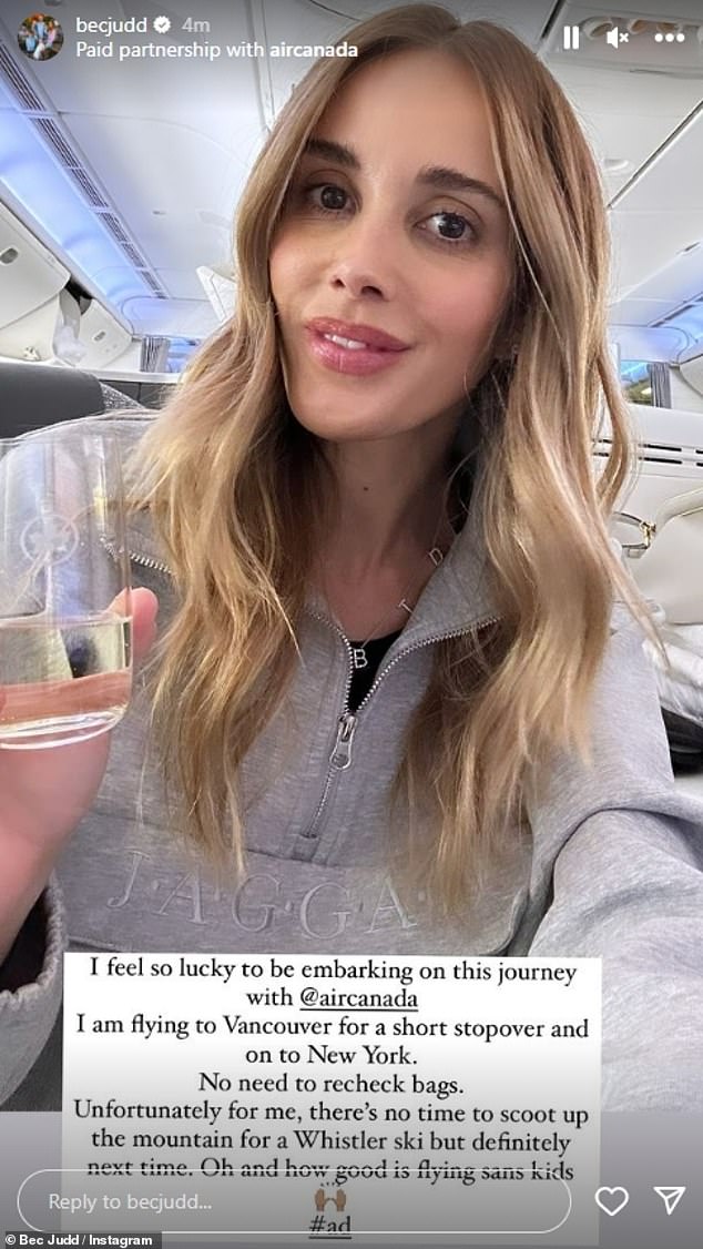 Rebecca Judd gave an insight into her luxurious life as an influencer while enjoying another sponsored trip abroad this week. On Wednesday, the AFL WAG, 41, shared photos of herself sitting in business class on an Air Canada flight to Vancouver.