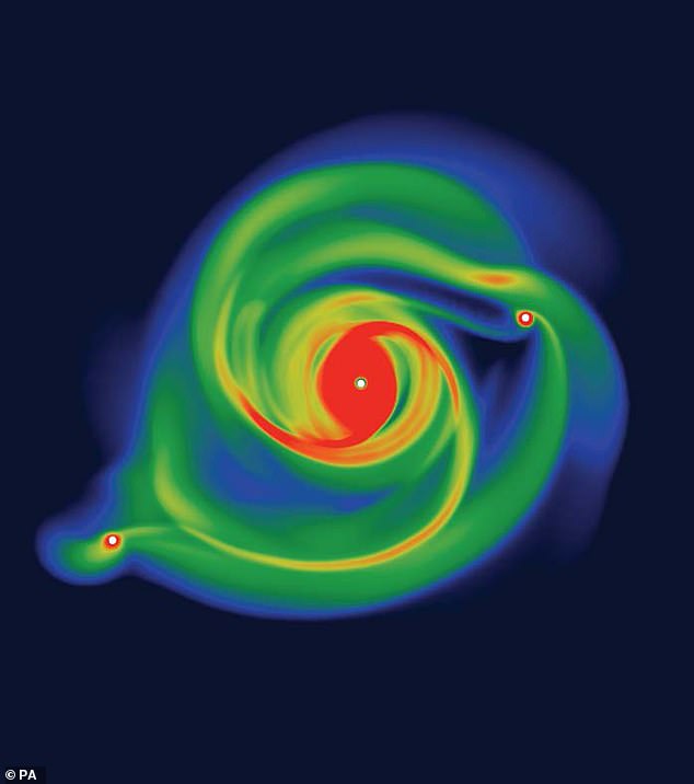The researchers simulated how planets form according to the theory of disk instability. This simulation shows how the gas disk around a young star suddenly collapses, forming planets