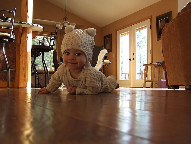 Apparently naughty!  This adorable baby was caught in the act of transforming into a little cat.