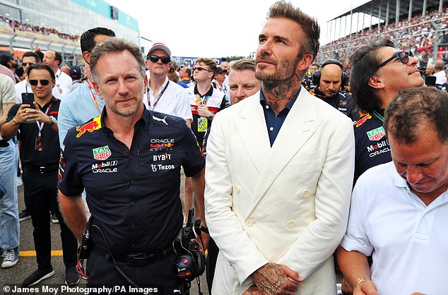 Horner pictured with David Beckham on the grid at the Miami Grand Prix in May 2022