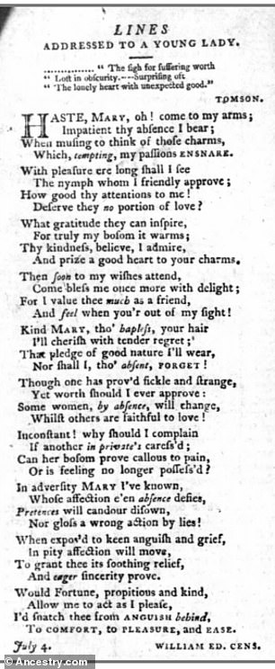 In this clipping from 1796, a man named William Ed. Cens addresses the object of his desires, Mary, in a poem of his own making.