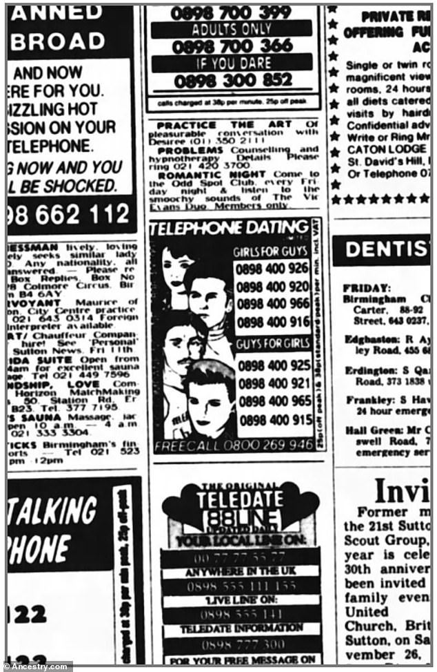 'Adults only if you dare': In this 1988 copy of the Sandwell Evening Mail, classifieds give numbers for telephone appointments