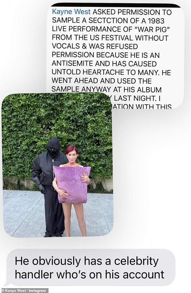 In response to a screenshot of Ozzy's most recent Instagram post, Kanye reshared an old photo of Ozzy and Sharon dressed as him and his wife for Halloween and hinted that they were fans.