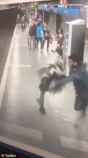 The attacker hit his latest victim with such force that he lost his balance and fell to the ground as she fell to the ground.