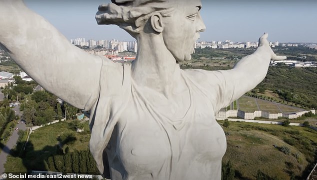 The 85-meter statue of a woman brandishing a sword called The Motherland Calls in Volgograd, formerly Stalingrad, scene of one of the most epic battles of World War II.
