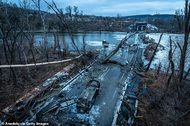View of a bridge, destroyed by war, in Bohorodychne, Donetsk Oblast, Ukraine on January 27, 2024. The village of Bohorodychne, in the Donetsk region of eastern Ukraine, was one of the first lines where They fought some of the toughest battles June 2022
