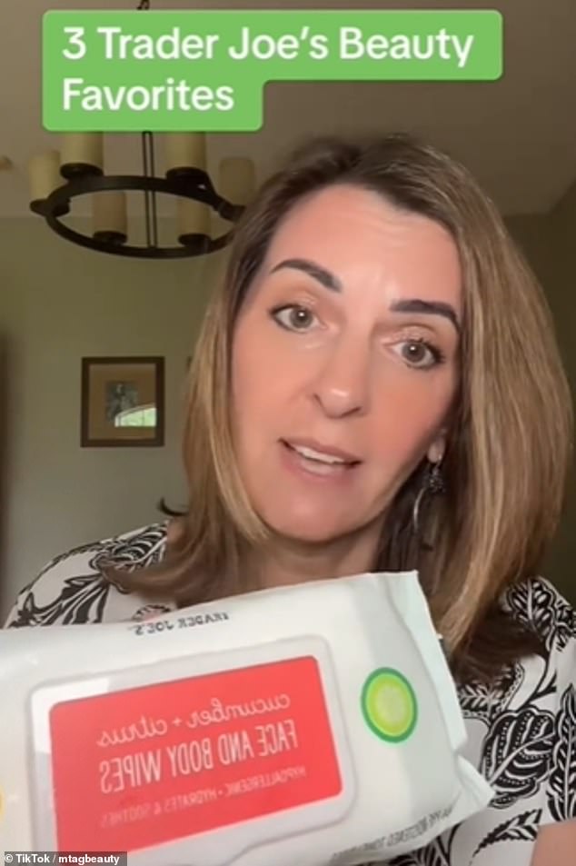 Next on her list of favorite Trader Joe's products were the Cucumber Citrus Face and Body Wipes, which cost $3.99 for a 64-pack.