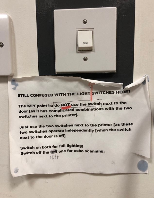 This supposed health service sign informs staff about the complicated method of operating lighting in an NHS ward. Posted by consultant Dr Ben Lovell