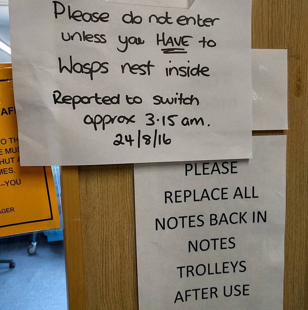 This warning sign of a wasp infestation was apparently posted in 2016 by an anonymous NHS trust. Sent to account X @SignsofHealth
