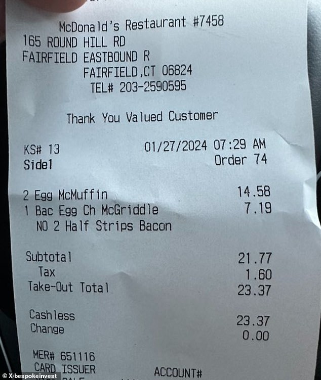 A photo of a receipt issued by a McDonald's at a rest stop in Connecticut that charged $7.39 for an Egg McMuffin.