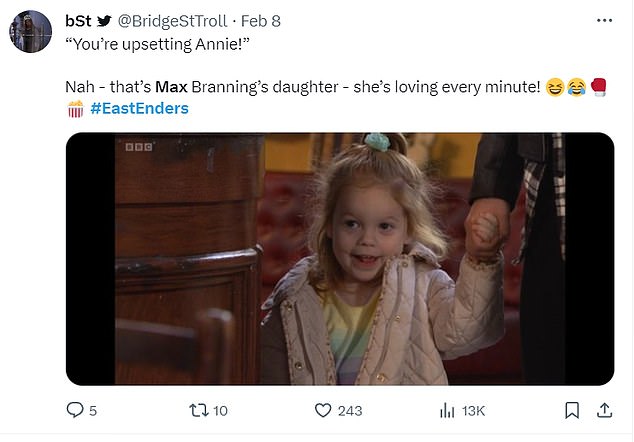 With Lauren Branning on the soap, fans predict she could be in contact with her father Max and he could come and take her daughter Annie (pictured).