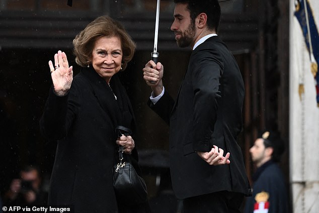 Queen Sofia of Spain arrives at the Duomo cathedral in Turin to attend the funeral ceremony of the late Prince Vittorio Emanuele.