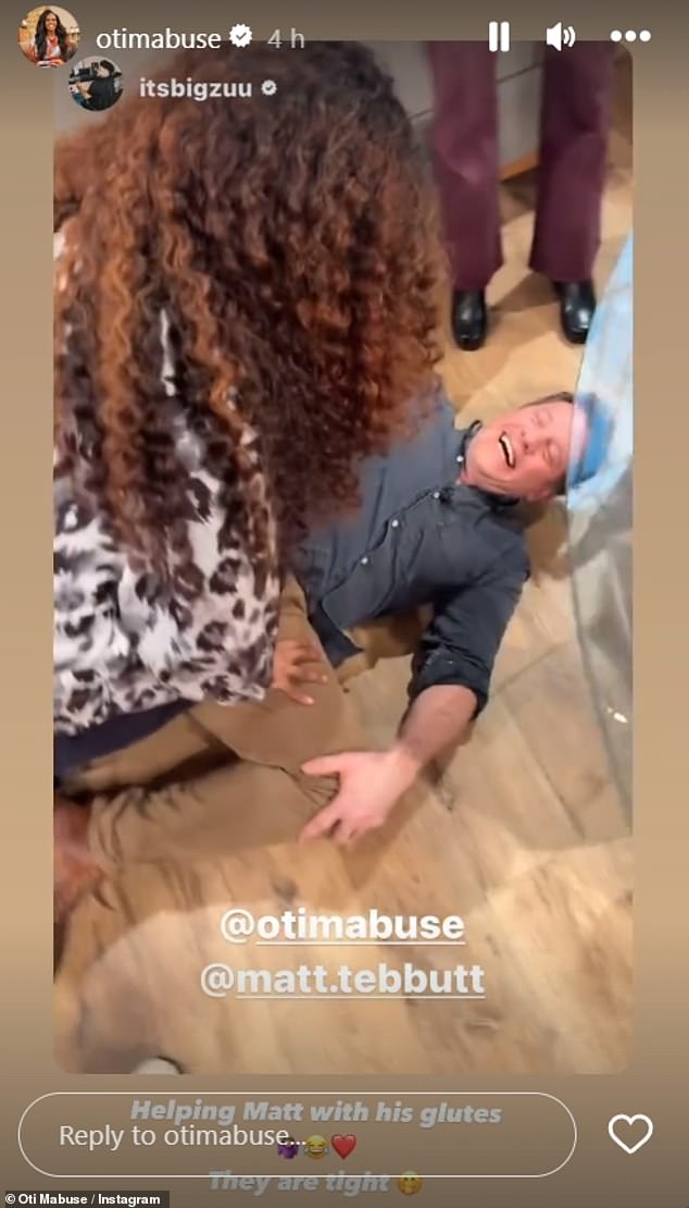 In another hilarious picture, Matt was seen lying on the floor cross-legged while Oti sat on the TV to help him stretch his glutes.