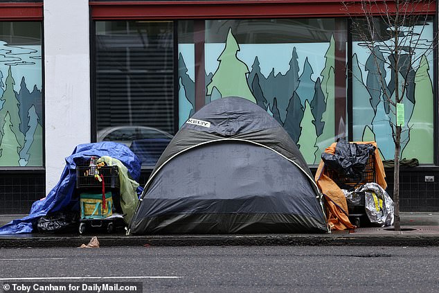 Tents line the streets of downtown Portland in the days after the state of emergency was declared.