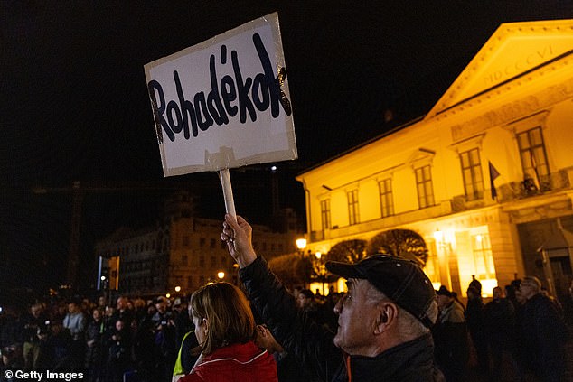 One protester was seen holding a sign that, in Hungarian, read: 