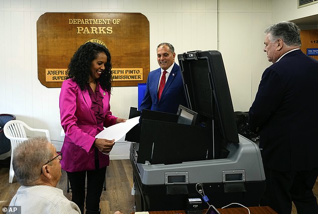 Mazi Pilip cast her vote early at a polling station in Massapequa, New York, on Friday. She is locked in a tight race against Democrat Tom Suozzi to fill the seat vacated by George Santos.