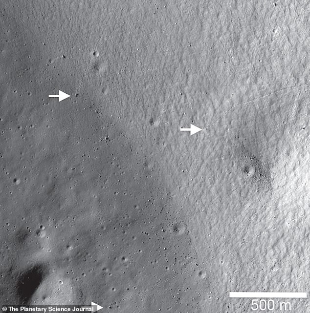 Pictured is a portion of the inner wall and floor of Shackleton Crater at the lunar south pole. Rockfalls (white arrows) suggest that recent seismic events were experienced in the crater