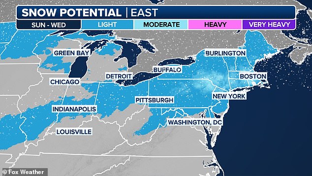 New York could see up to three inches of snow, while Boston could potentially be hit by a bomb cyclone, also known as 'bombogenesis,' the rapidly developing storm that can bring high winds and blizzard conditions.