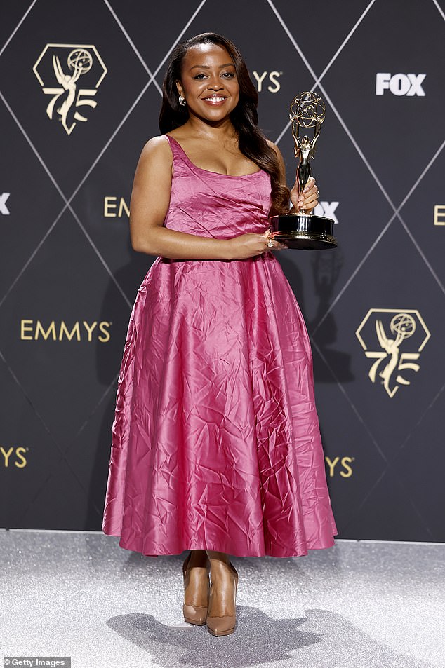 The show's creator and star Quinta Brunson, 32, won the Emmy for Outstanding Lead Actress in a Comedy Series (pictured in Los Angeles in January)