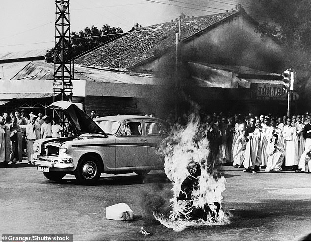 Higgins compared herself to the monks who set themselves on fire to protest the Chinese occupation of Tibet.  Pictured: Thich Quang Duc, who took his own life at an intersection in Saigon, South Vietnam.