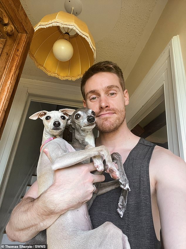 Thomas and his partner Louis, 36, have two children together, along with a one-year-old Italian greyhound called Kala (right), who they also like to dress in a variety of luxurious outfits.
