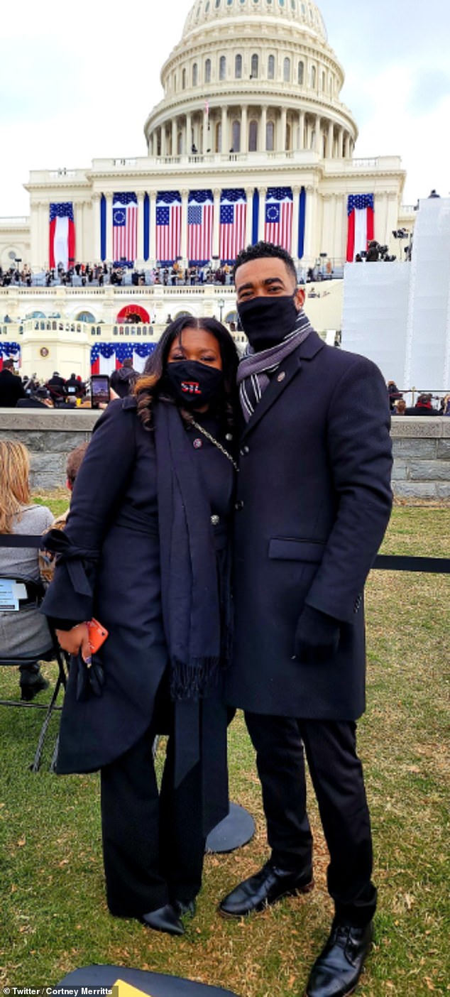 Cori Bush and her now-husband Cortney Merritts together at the 2020 inauguration. They married in 2023