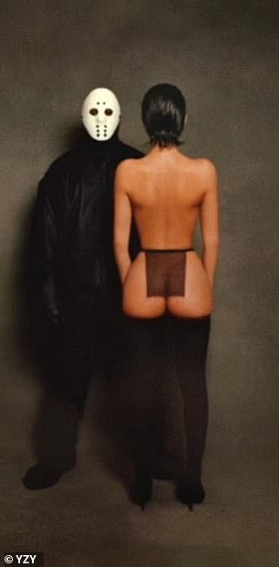 Ye's wife, Bianca Censori, is standing topless with only a sheer black cloth over part of her butt.