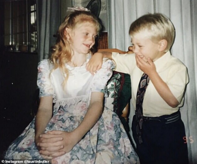 Austin Butler, pictured with his older sister Ashley, previously spoke about how he didn't plan on being an actor as a child as he was extremely shy.