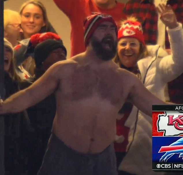 Jason has supported Travis during the Chiefs playoffs, including a shirtless celebration.