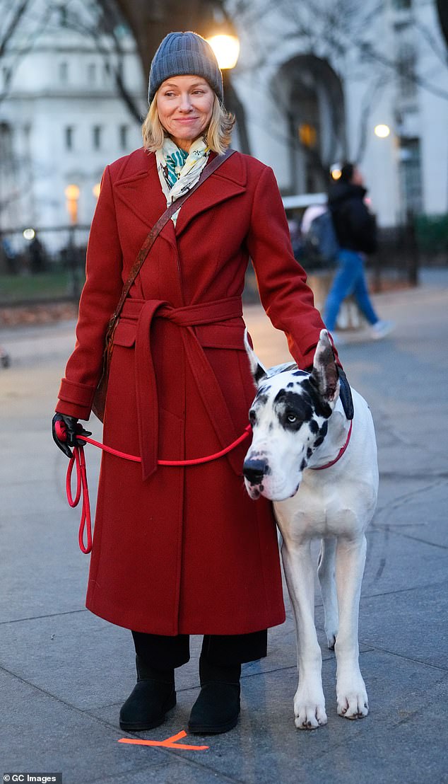 The British-Australian actress dressed in a red coat, scarf, hat and gloves on the set of the film about a writer who adopts a heartbroken Great Dane after the death of its owner.