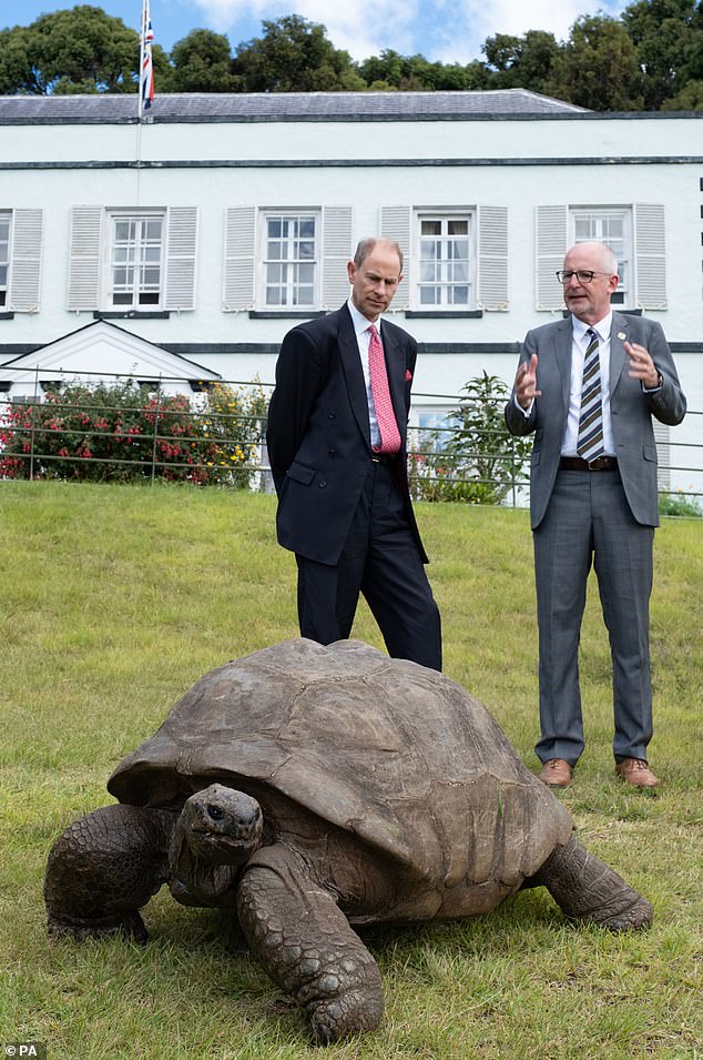 St Helena Governor Nigel Phillips presented Prince Edward with the world's oldest living land animal.
