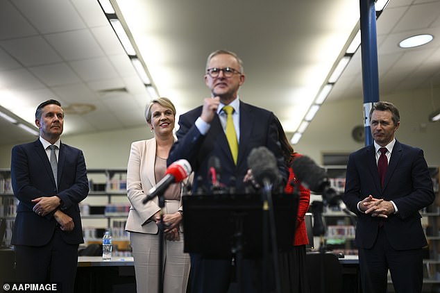 Mrs Plibersek makes a rare campaign appearance, behind Anthony Albanese (centre).  The education portfolio for which she was a long-time opposition spokesperson was handed to Jason Clare (R), who was seen as a strong presence in the campaign.