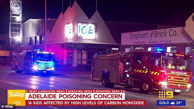 Fire crews (pictured) were called around the ice rink, where they detected carbon monoxide and used rented pressure fans and ventilation to clear it.