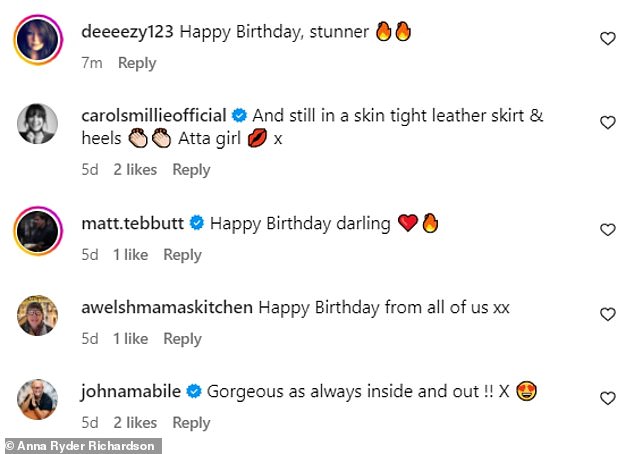 Her famous friends were quick to comment, including Saturday Kitchen host Matt Tebbutt: 'Happy birthday darling.'