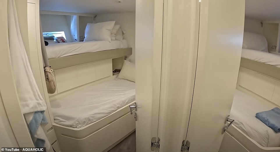 There are two staff cabins with staggered beds and en-suite shower rooms, while the captain's cabin has a single bed and a shower in the glass-doored bathroom.
