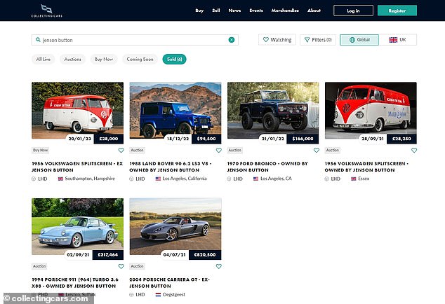 Auction website Collecting Cars shows it has sold at least four cars listed as owned by Jenson Button and two that had previously belonged to him.